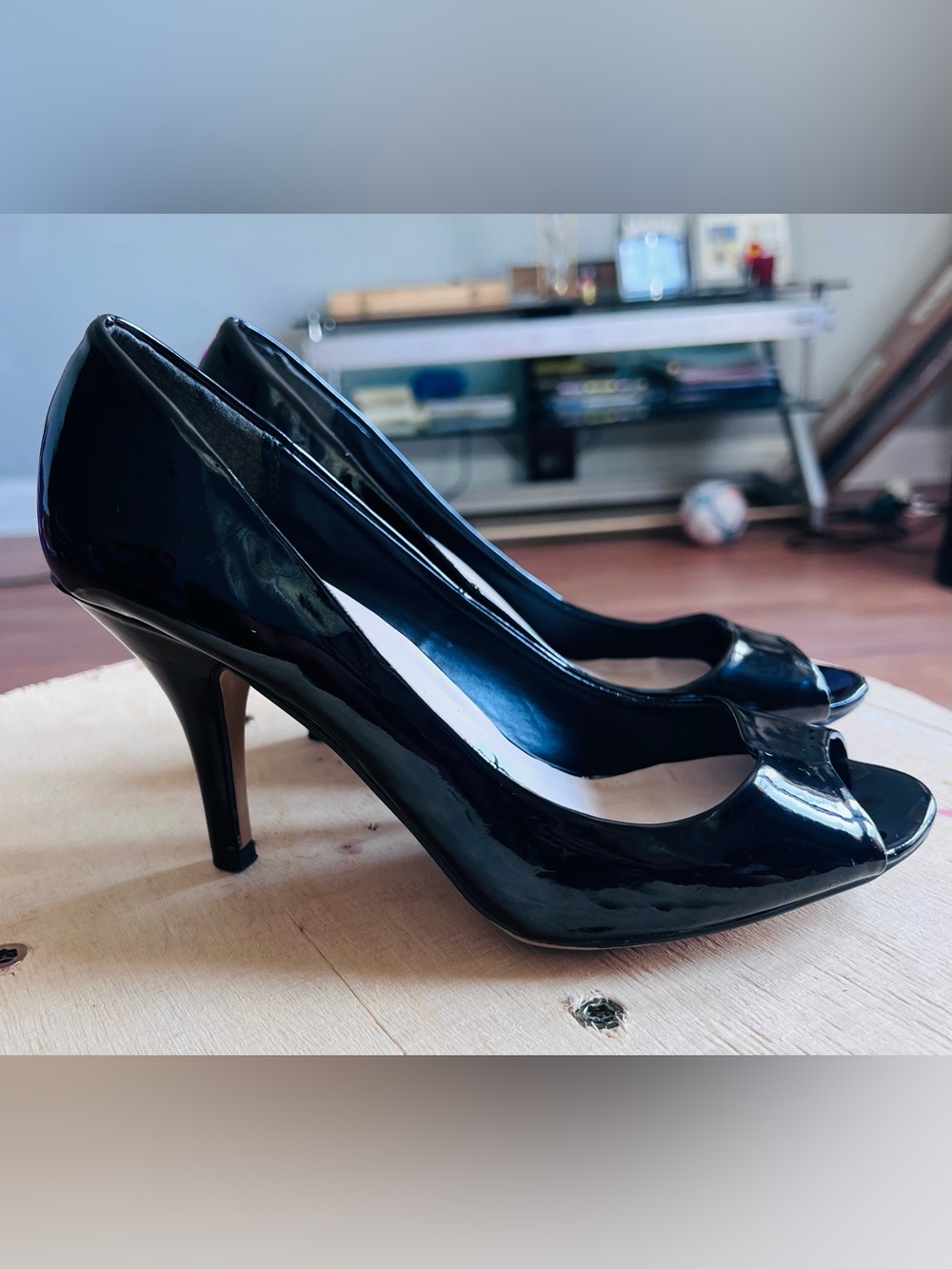 Fergalicious Black Patent Peep-Toe Heels